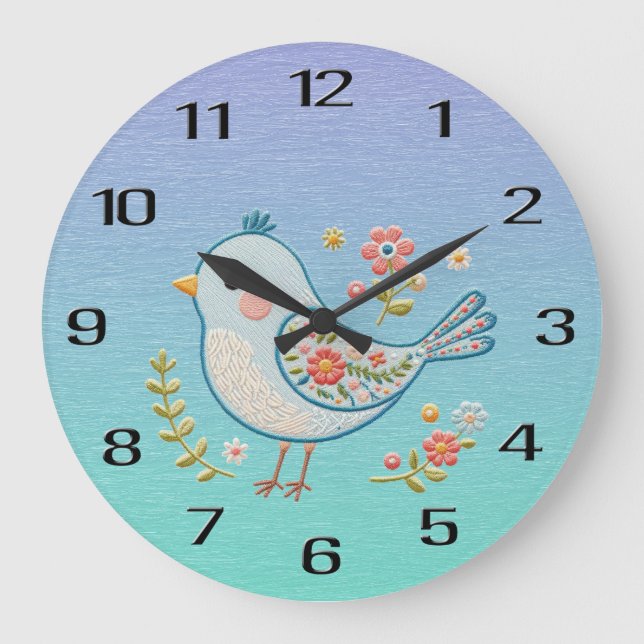 Petit Oiseau Bleu Floral Horloge murale (Recto)