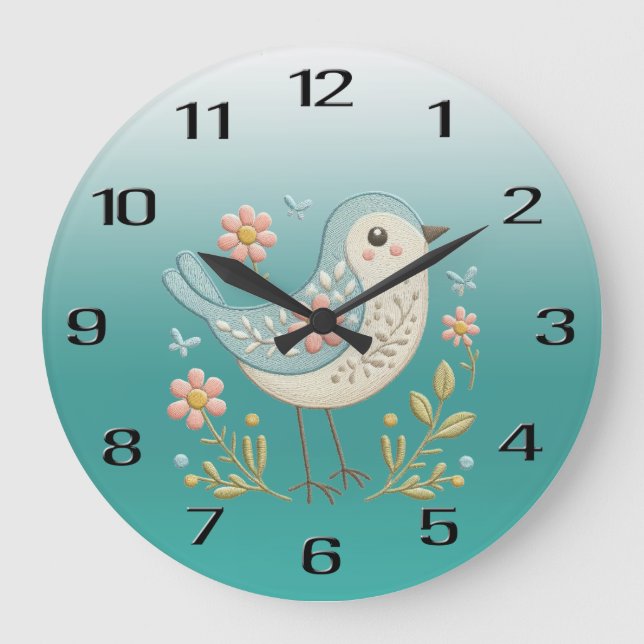 Petit Oiseau Floral Broderie Vert Mur Horloge (Recto)