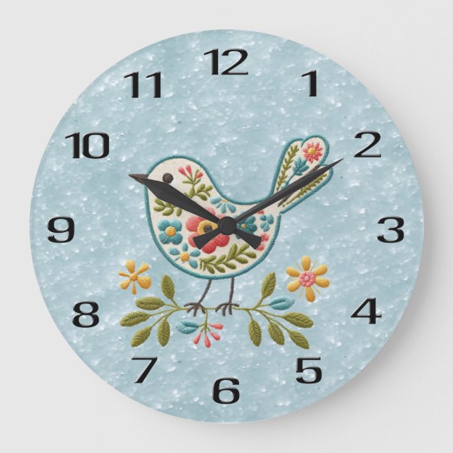 Petit Oiseau Floral Vert Feuille Horloge murale (Recto)