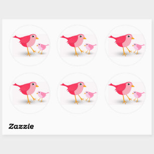 Petit oiseau rose de mère et son autocollant rond