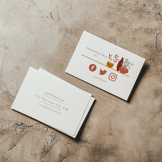 Petit plante carte de visite (House plant shop business card with minimalist plant illustration and social media icons.)