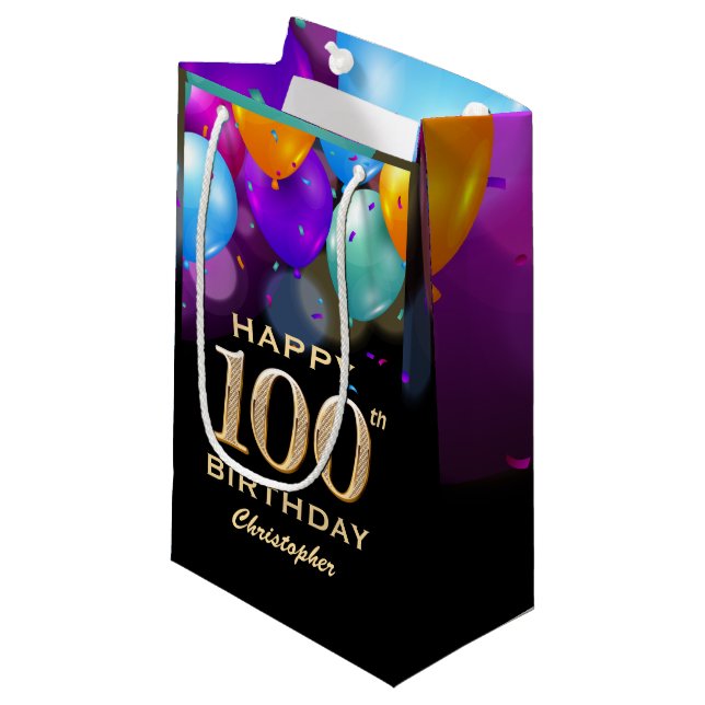 Petit Sac Cadeau 100e fête d'anniversaire Ballons Noir et Or (Devant Angle)