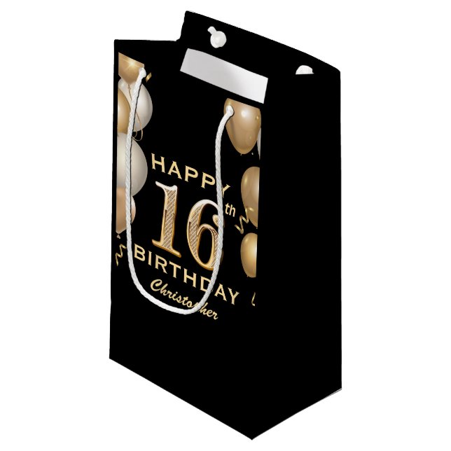 Petit Sac Cadeau 16e fête d'anniversaire Ballons noirs et or (Devant Angle)