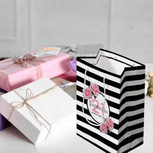 Petit Sac Cadeau 21e anniversaire rose roses noir blanc rayures nom