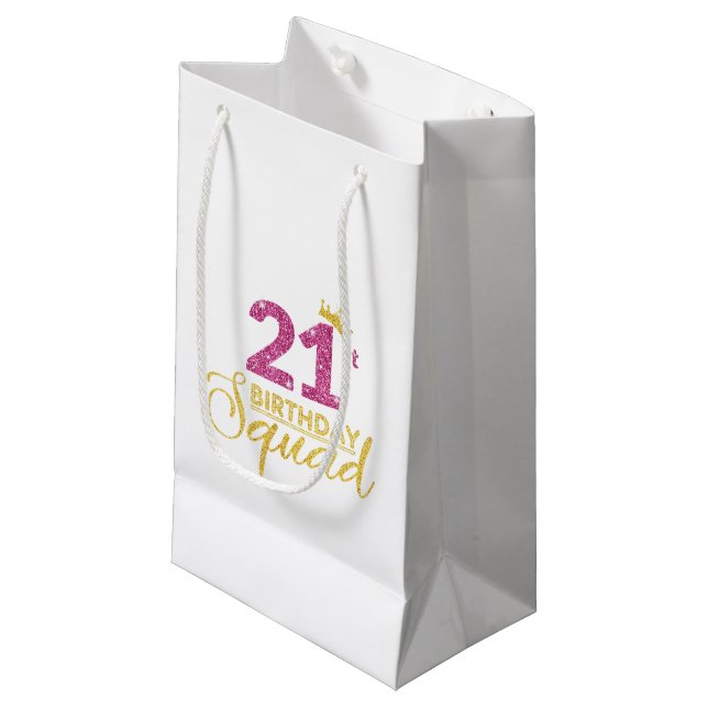 Petit Sac Cadeau 21e Anniversaire Squad Party Crown Pink Gold (Devant Angle)