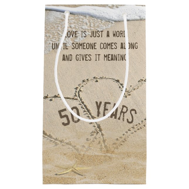 Petit Sac Cadeau 50e Anniversaire Plage Coeurs et Starfish (Devant)