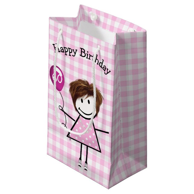 Petit Sac Cadeau 60e Anniversaire Stick Girl avec ballon rose (Devant Angle)
