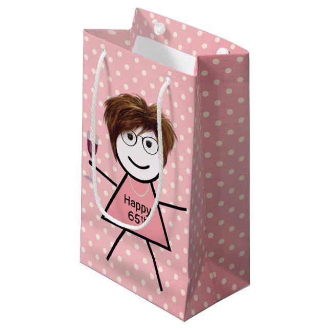 Petit Sac Cadeau 65e Anniversaire Stick Girl sur Pois (Devant Angle)