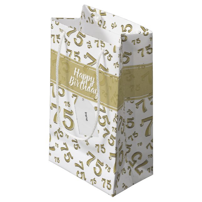 Petit Sac Cadeau 75e Joyeux Motif de numéros Gold/White (Devant Angle)