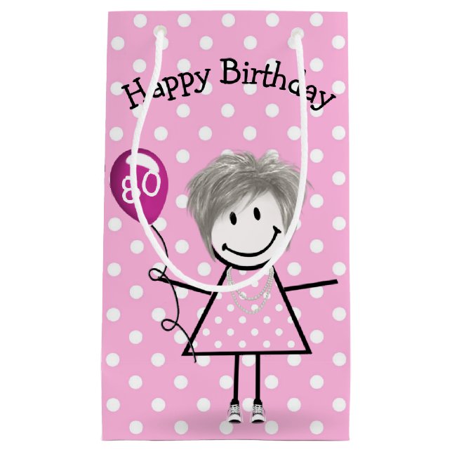 Petit Sac Cadeau 80e Anniversaire Stick Girl avec ballon rose (Devant)