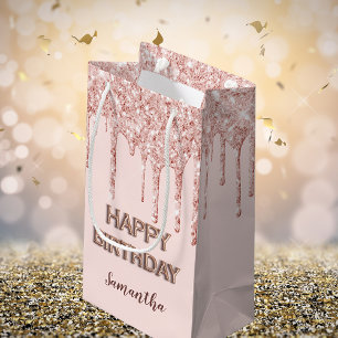 Petit Sac Cadeau Anniversaire rose or parties scintillant gouttes m