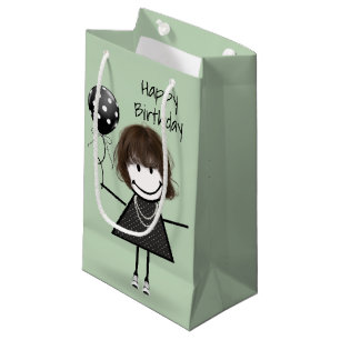 Petit Sac Cadeau Anniversaire Stick Girl avec Polka Dot Balloon