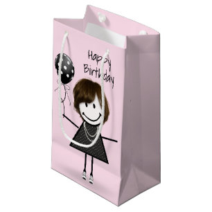 Petit Sac Cadeau Anniversaire Stick Girl avec Polka Dot Balloon