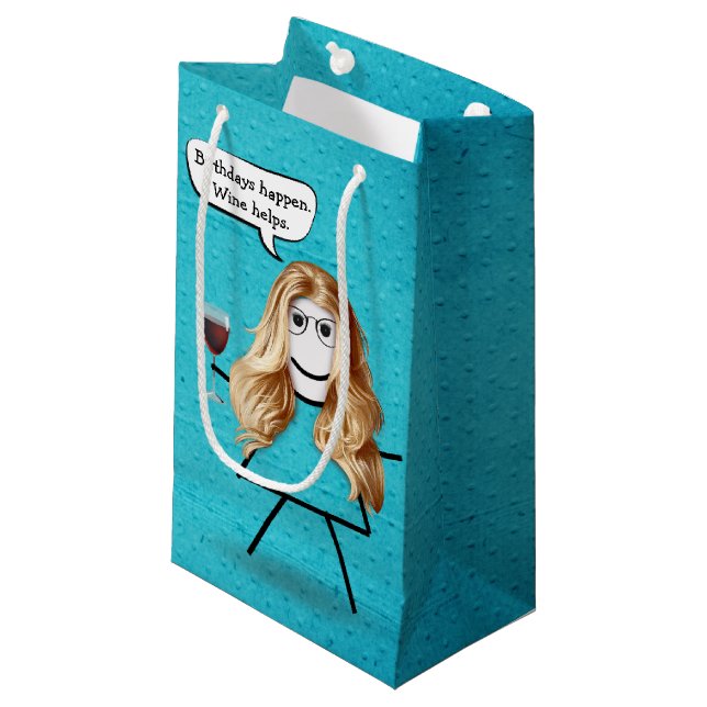 Petit Sac Cadeau Anniversaire Stick Girl avec vin (Devant Angle)