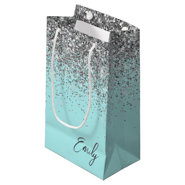 Petit Sac Cadeau Aqua Bleu Pailleté Argenté Monogramme Féminin (Devant Angle)