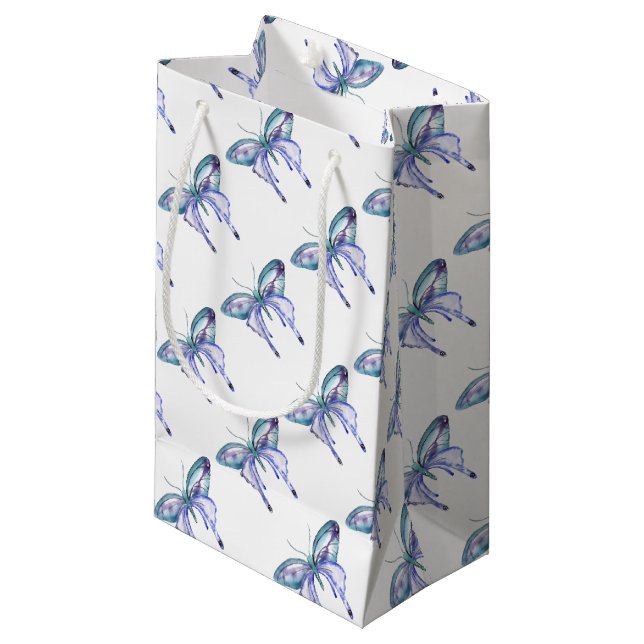 Petit Sac Cadeau Aquarelle bleu Aqua Purple papillon (Devant Angle)
