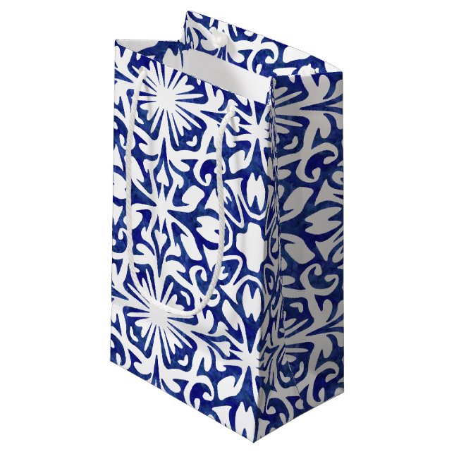 Petit Sac Cadeau Aquarelle bleu et blanc Motif espagnol Carrelage (Devant Angle)