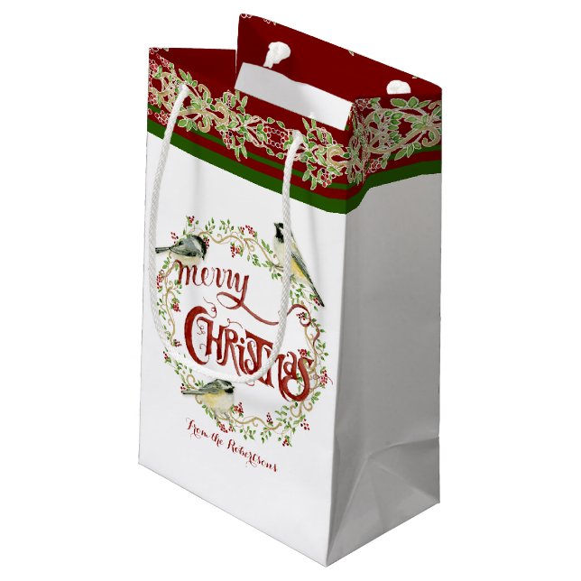 Petit Sac Cadeau Aquarelle Chickadee Birds Joyeux Noël Wreath (Dos Angle)