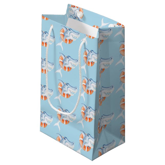 Petit Sac Cadeau Aquarelle de requin blanc peinture art bleu orange (Devant Angle)