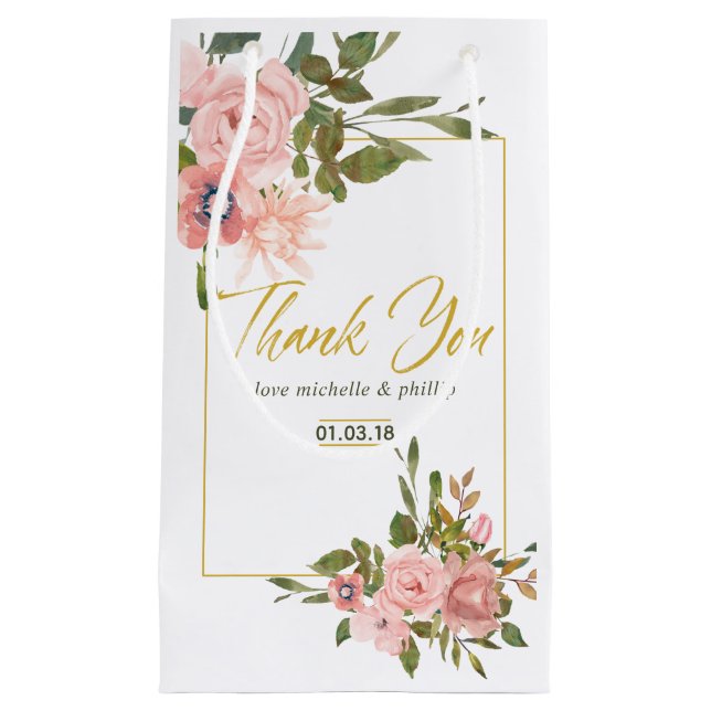 Petit Sac Cadeau Aquarelle florale Blush Mariage rose et or (Devant)