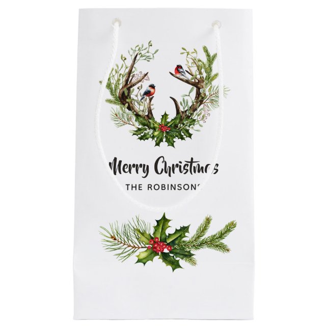 Petit Sac Cadeau Aquarelle Noël de rennes rustiques (Devant)