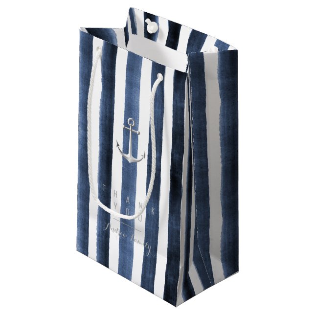 Petit Sac Cadeau Aquarelle rayures marine avec monogramme (Devant Angle)