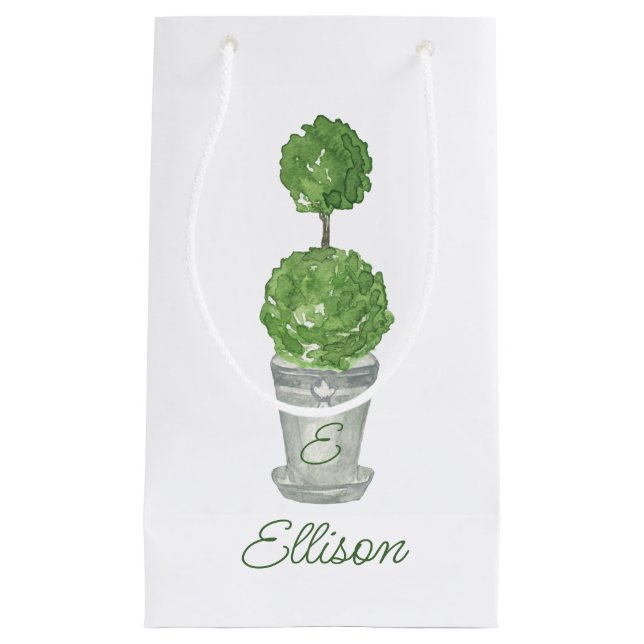 Petit Sac Cadeau Aquarelle vert monogramme Topiaire (Devant)