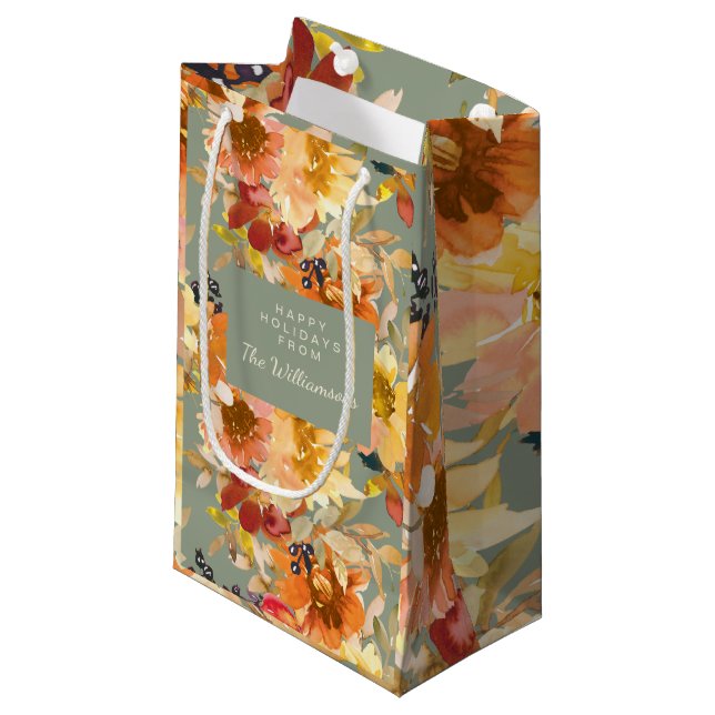 Petit Sac Cadeau Aquarelle verte Sage automne Floral Custom (Devant Angle)