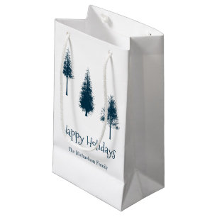 Petit Sac Cadeau Arbres d'hiver bleu marine
