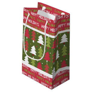Petit Sac Cadeau Arbres rouges, blancs et verts de Noël
