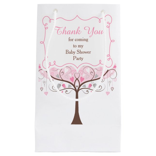 Petit Sac Cadeau Baby shower d'oiseaux floraux rose et gris Merci (Devant)