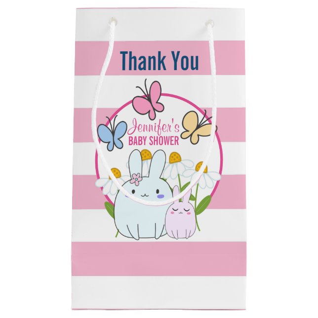 Petit Sac Cadeau Baby shower lapins, papillons et marguerites (Devant)