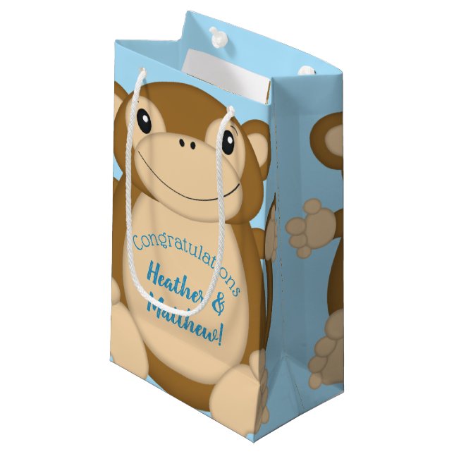 Petit Sac Cadeau Baby shower singe bleu (Devant Angle)