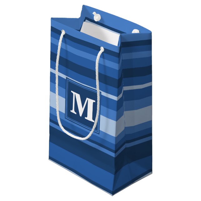 Petit Sac Cadeau Bandes bleu monogramme (Devant Angle)