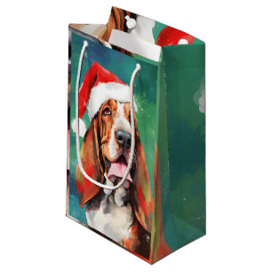 Petit Sac Cadeau Basset Hound Peinture de Noël