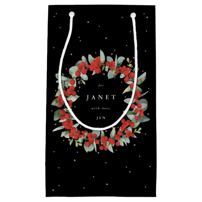 Petit Sac Cadeau Berry rouge personnalisé + Eucalyptus Noël (Devant)