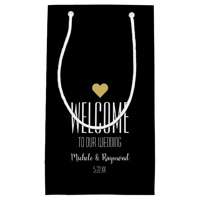 Petit Sac Cadeau Bienvenue à Notre Mariage Noir (Devant)