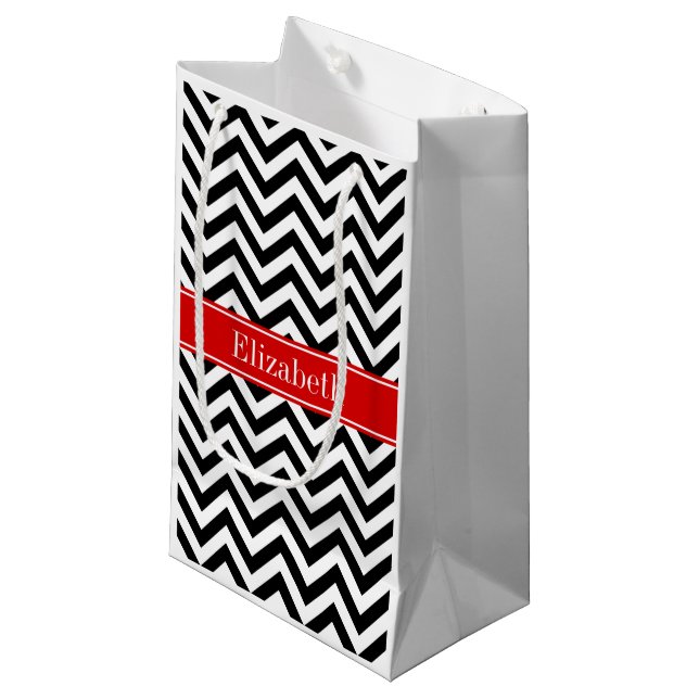 Petit Sac Cadeau Black White LG Chevron Red Name monogram (Devant Angle)