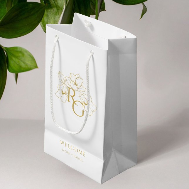 Petit Sac Cadeau BLANCHE | Chic Faux Gold Monogram Mariage de bienv (Créateur téléchargé)