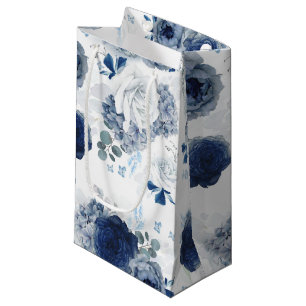 Petit Sac Cadeau Bleu Dusty et Fleurs Bleues Marine Élégant Botaniq