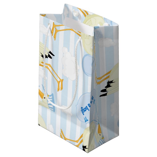 Petit Sac Cadeau Bleu et blanc Bébé garçon cigogne (Devant Angle)