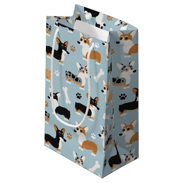 Petit Sac Cadeau Bleu Motif de Corgi (Devant Angle)