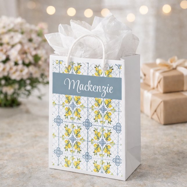 Petit Sac Cadeau Blue Tile French Country Lemon Name Monogram (Créateur téléchargé)