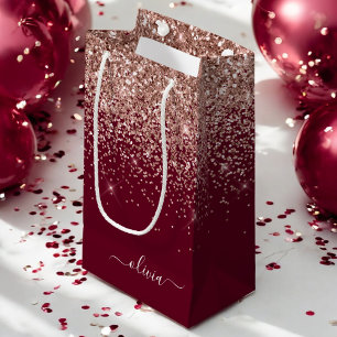 Petit Sac Cadeau Blush Rose Gold Burgundy Monogramme Pailletée Rose