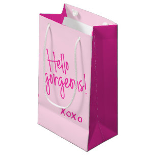 Petit Sac Cadeau Bonjour Magnifique ! Poignée rose pâle XOXO