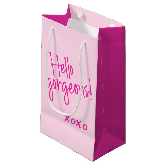 Petit Sac Cadeau Bonjour Magnifique ! Poignée rose pâle XOXO (Devant Angle)