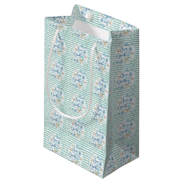 Petit Sac Cadeau Bonnes Fêtes tropicales, rayures et points Turquoi (Devant Angle)
