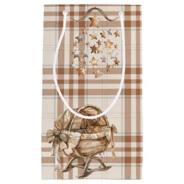PETIT SAC CADEAU BROWN & TAN NEUTRAL BOHO BASSINETTE & MOBILE (Devant)