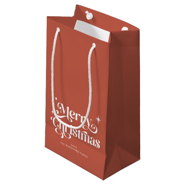Petit Sac Cadeau Brûlé Orange Retro Joyeux Noël (Devant Angle)