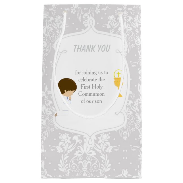 Petit Sac Cadeau Brunette Boy First Communion Damask (Devant)